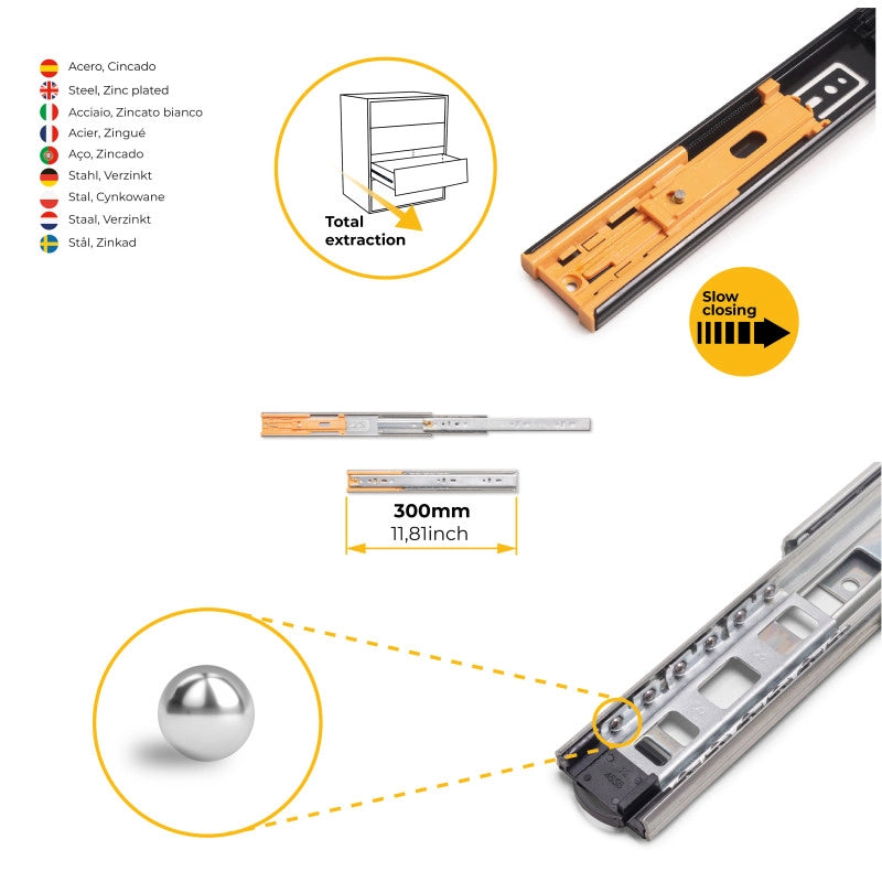 Set di guide a sfere per cassetti con estrazione totale e chiusura soft, altezza 45 mm, lunghezza 350 mm, Acciaio, Zin..