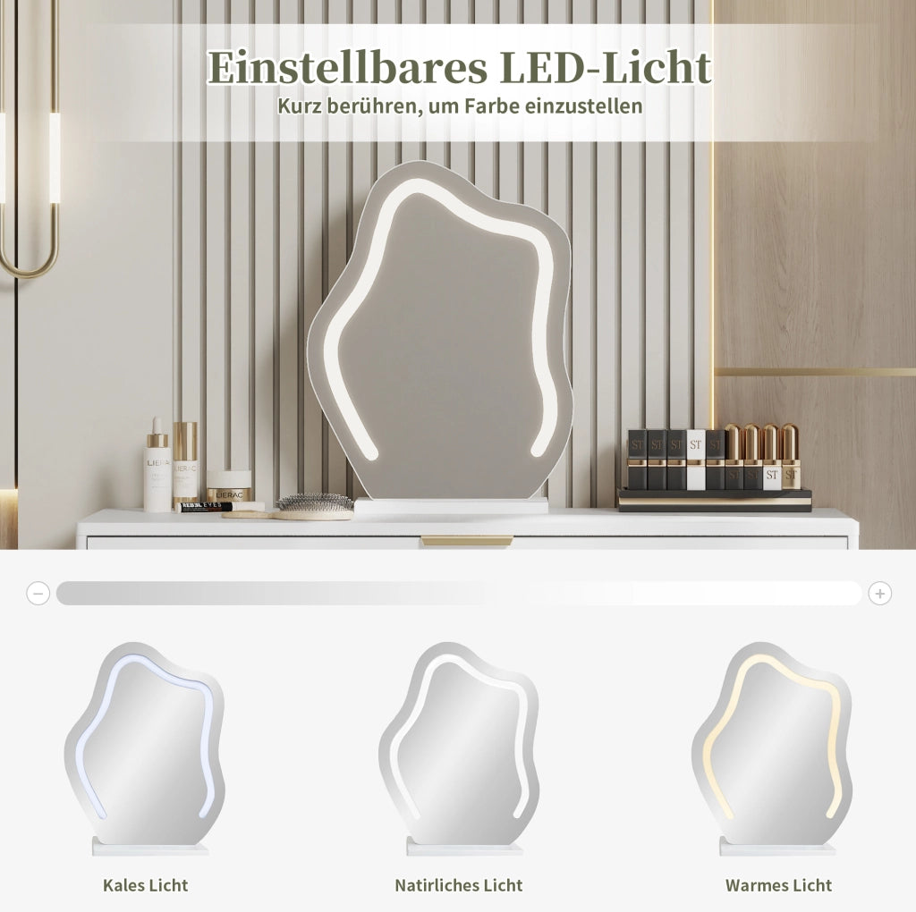 Toeletta bianca con specchio LED e mobile laterale scorrevole