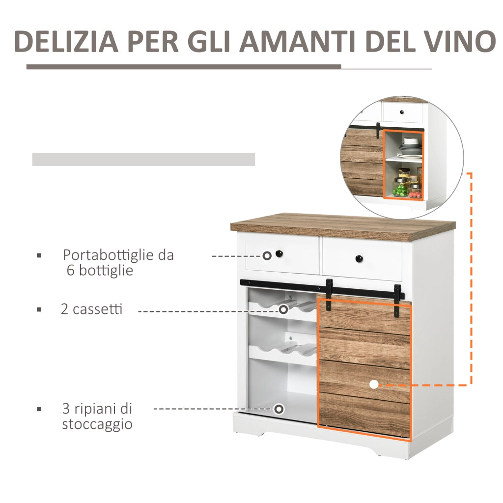 Mobile da Cucina Rustico con 2 Cassetti, Ripiani Aperti e Portabottiglie, in Legno e Metallo, 80x39x86 cm