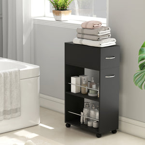 Carrello da Cucina 25x50x85 cm 2 Ripiani Aperti Cassetto e Parapetti in Legno e Acciaio Inox Nero