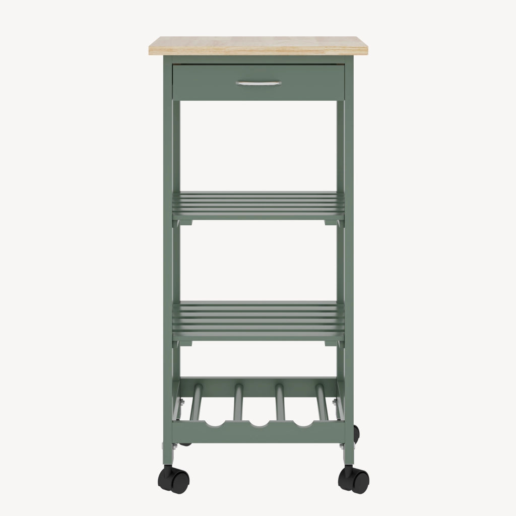 Carrello Portaoggetti Biel con Cassetto 3 Ripiani e Griglia Portabottiglie 76x37x37 cm - Verde / Effetto Legno [en.casa]