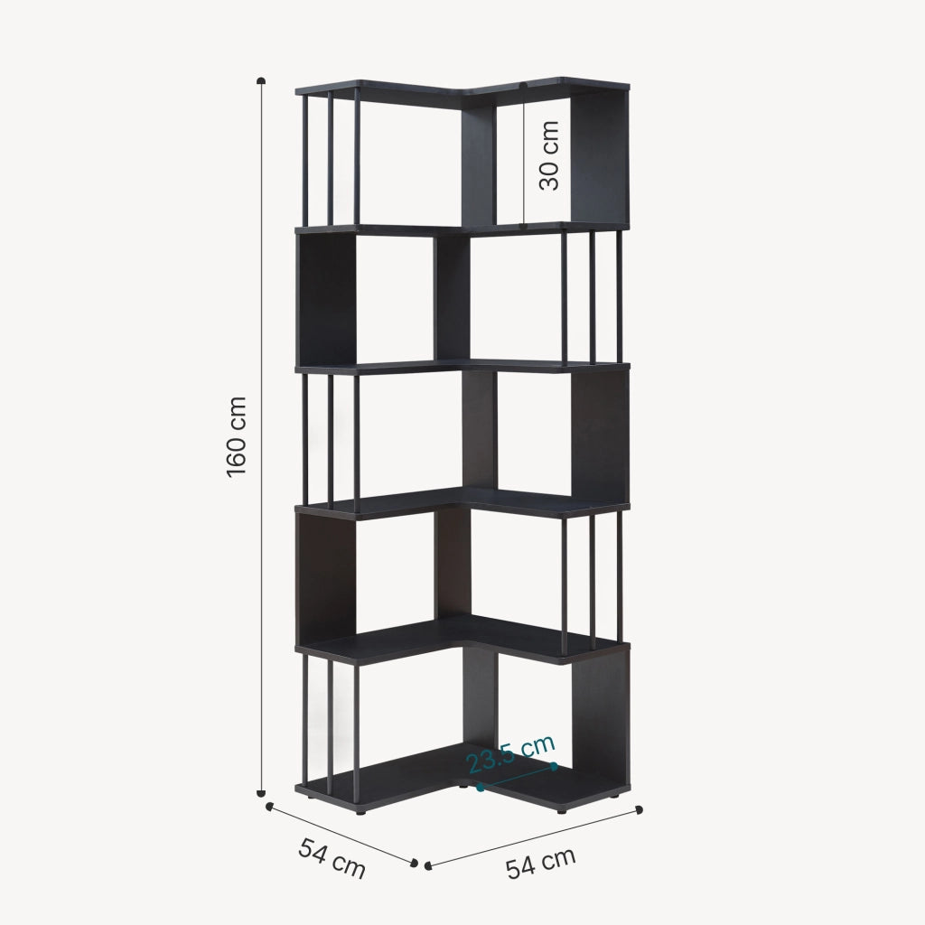 Scaffale Angolare Afrel con 5 Ripiani Aperti 160x54x54 cm - Nero [en.casa]