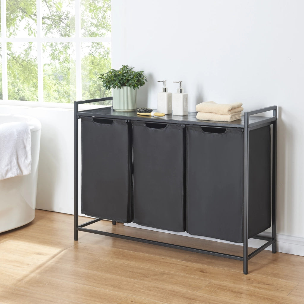 Mobile Portabiancheria Saltvik Sacchi Rimovibili Capienza 3x 45 L - Nero [en.casa]