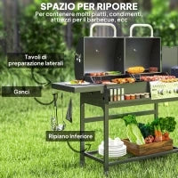 Barbecue a Carbone e Gas con 3 Bruciatori e Coperchio, Termometro, Ruote e Ripiani, Nero