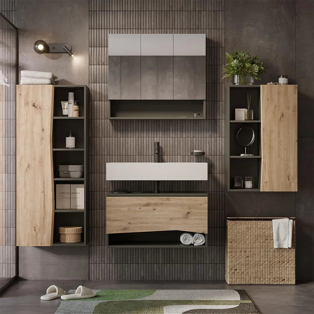 Set di mobili da bagno Willow, Artigiano, 80 cm, composto da mobile lavabo, pensile a specchio, colonna e base media