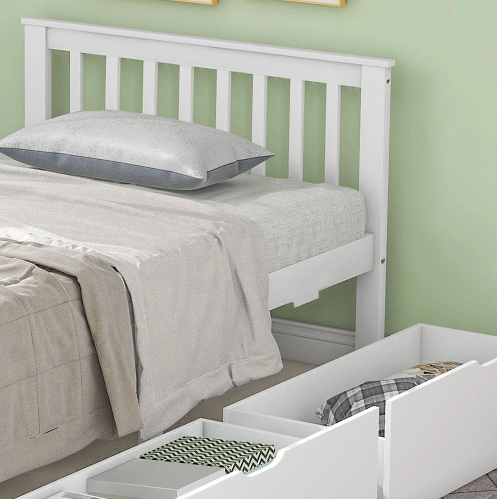 Letto singolo bianco con cassetti e struttura in legno massiccio