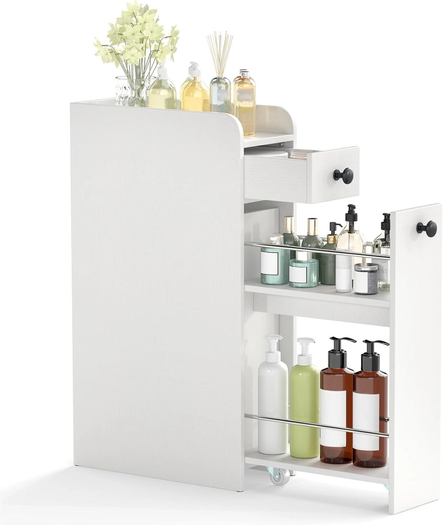 Mobile da Bagno Piccolo, Mobiletto Salvaspazio Stretto con 2 Cassetti e 2 Ruote Girevoli, Credenza Sottile da Terra Autoportante per Bagno, Cucina e Ufficio, 40 x 18 x 70 cm (Nero)