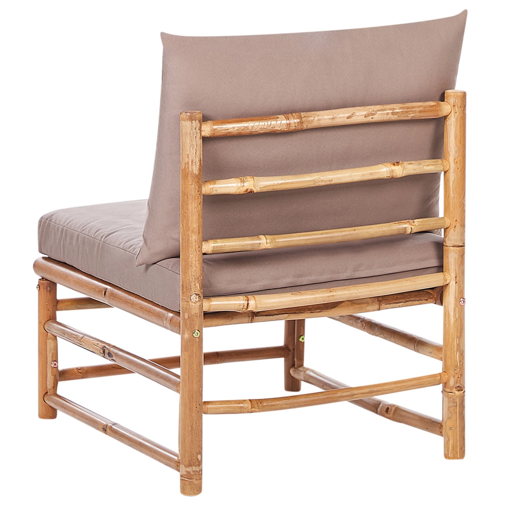 Set da giardino modulare con divano a 3 post 2 poltrone e tavolino in bambù naturale con cuscini tortora esterno elegante
