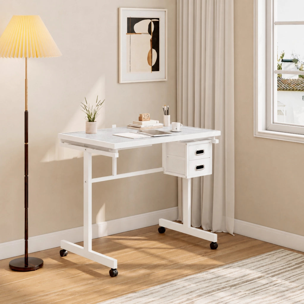Scrivania dritta con piano coperto e 4 cassetti in feltro, ruote bloccabili, per hobby, MDF e metallo, bianca