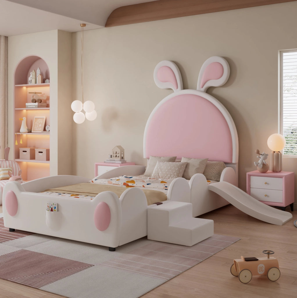 Letto imbottito per bambini con scivolo e scaletta 90x200 cm