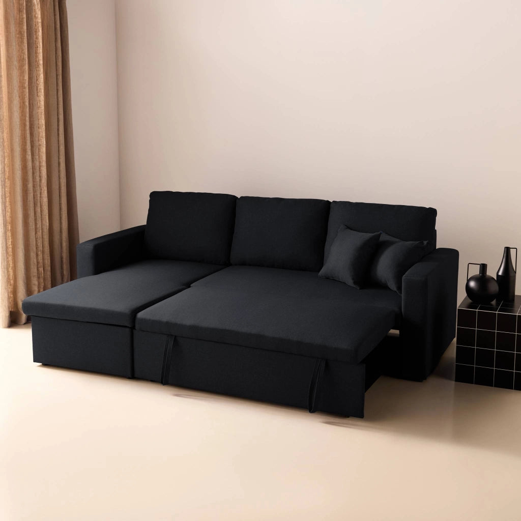 Divano letto angolare reversibile con contenitore, 3 posti, nero