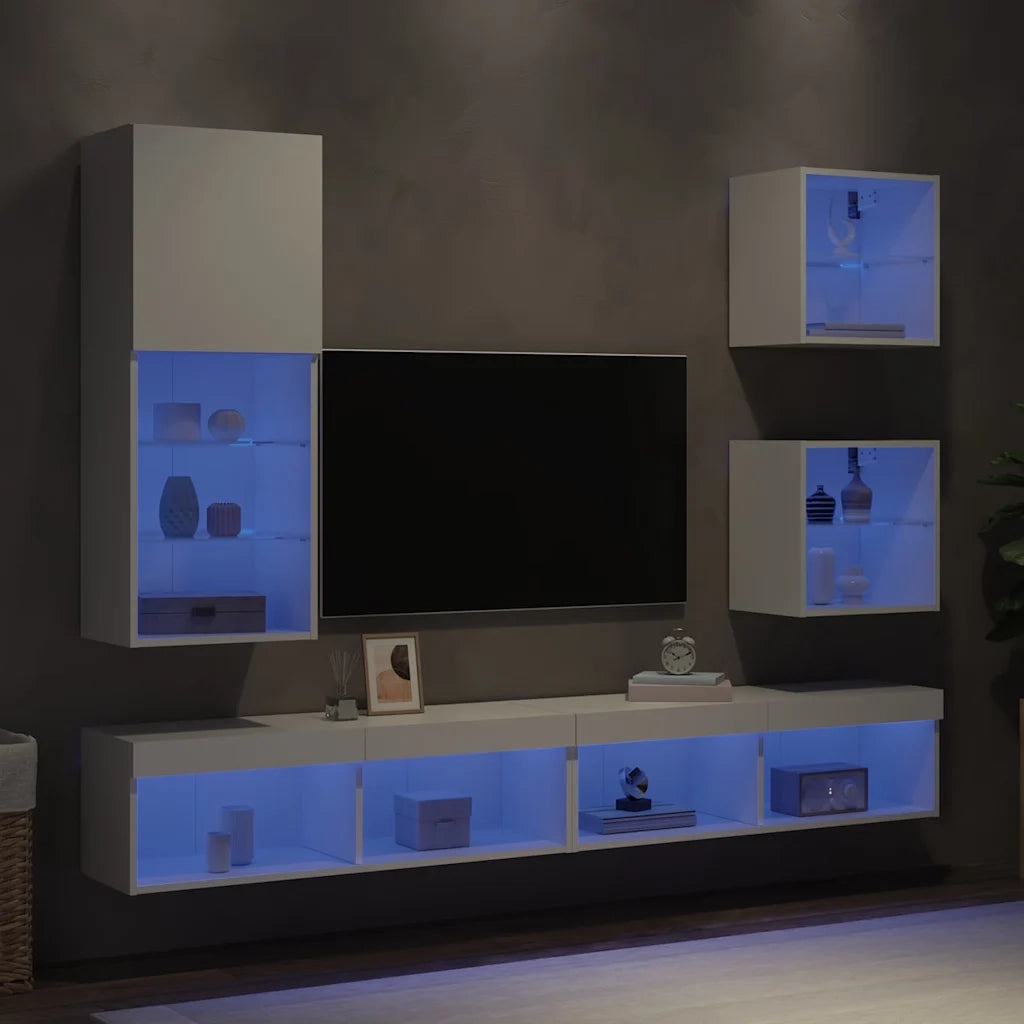Mobili TV a Muro con LED 5pz Bianchi in Legno Multistratocod mxl 134432
