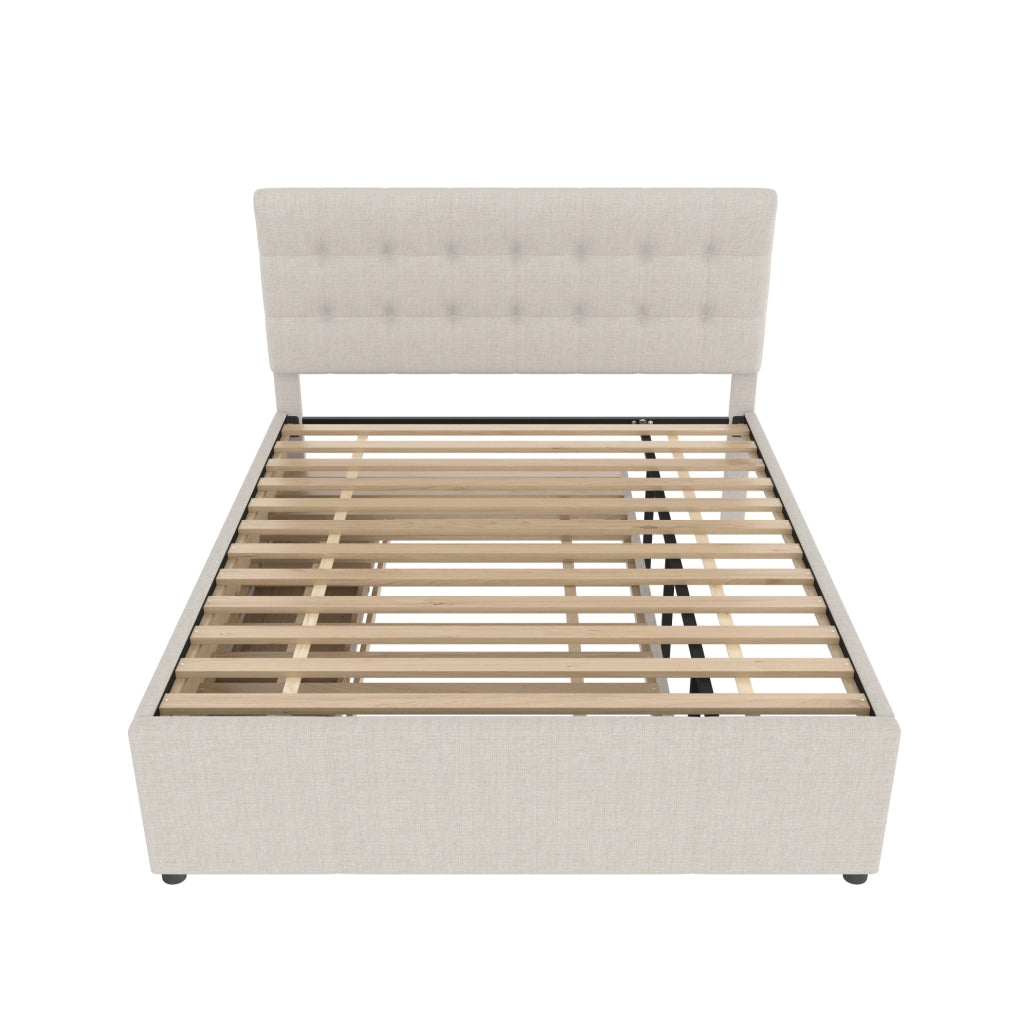 Letto imbottito 140x200 cm con letto estraibile e 3 cassetti; testiera regolabile; lino e MDF beige (Senza materasso)