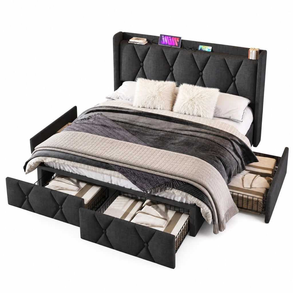 Letto contenitore imbottito grigio 160x200 cm con 4 cassetti, porte USB e prese, rete a doghe in legno