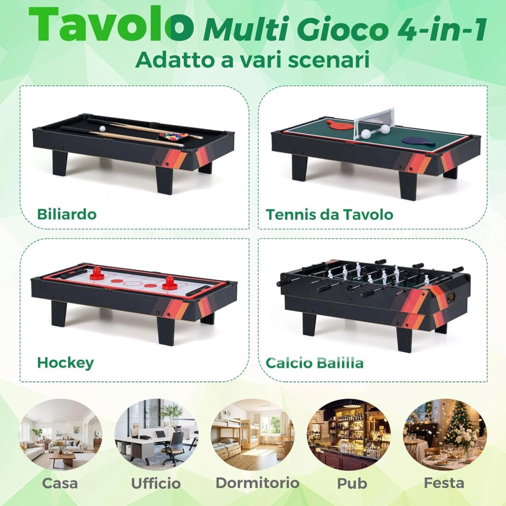 Tavolo Multigioco, Gioco Multifunzione 4 in 1-Calcio Balilla, Tavolo da Biliardo, Ping Pong, Air Hockey, Calcetto Multigioco per Adulti e Bambini, Casa Feste Bar (Nero)