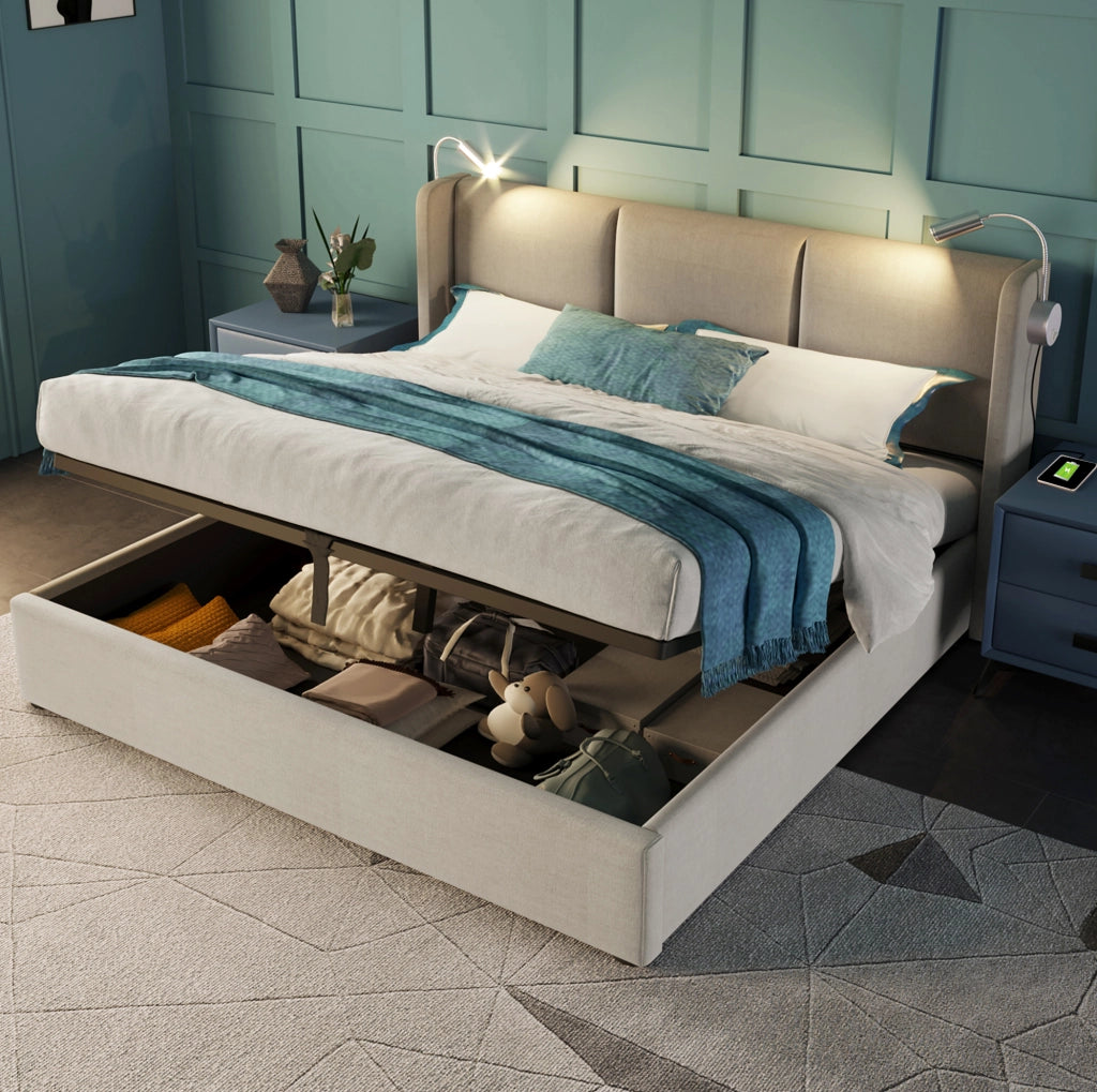 Letto matrimoniale imbottito 160x200 cm con contenitore; luce da lettura e USB; beige