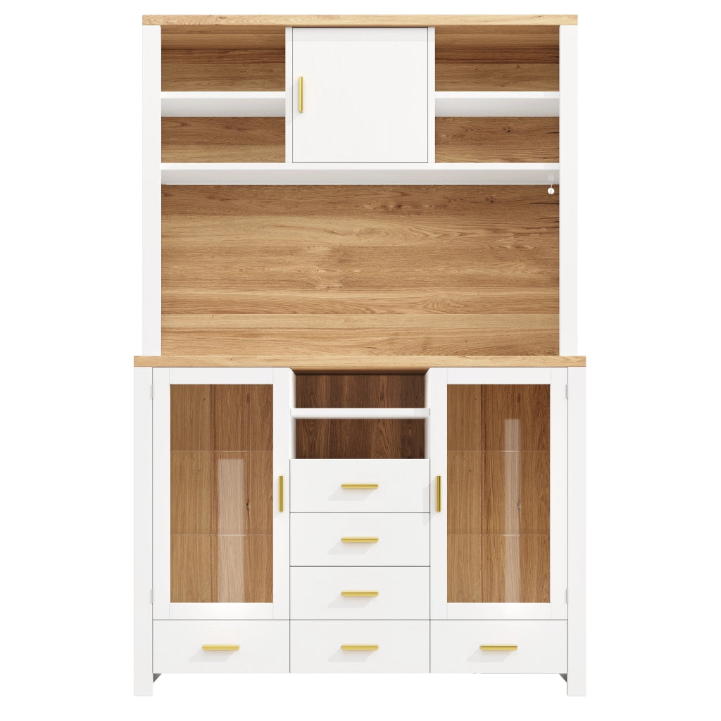 Credenza Buffet con LED ¨C MINIMAL ¨C Bianco/Legno, 4 Ante, 6 Cassetti, 120x40x188