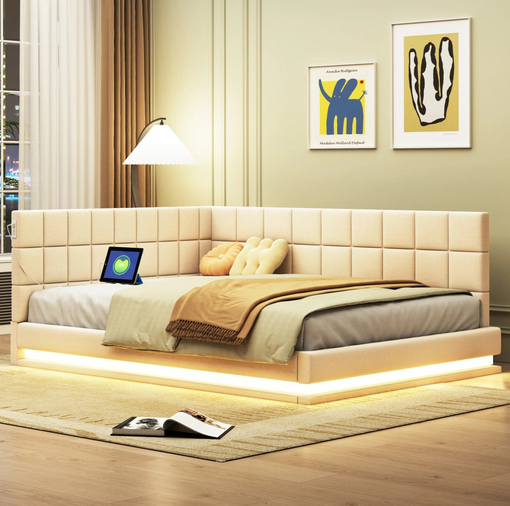 Divano letto 140x200 cm con LED e porta USB; tessuto di lino beige