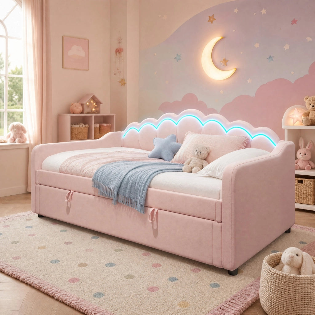 Divano letto singolo 90x200 cm in velluto rosa con contenitore; LED e testiera ondulata