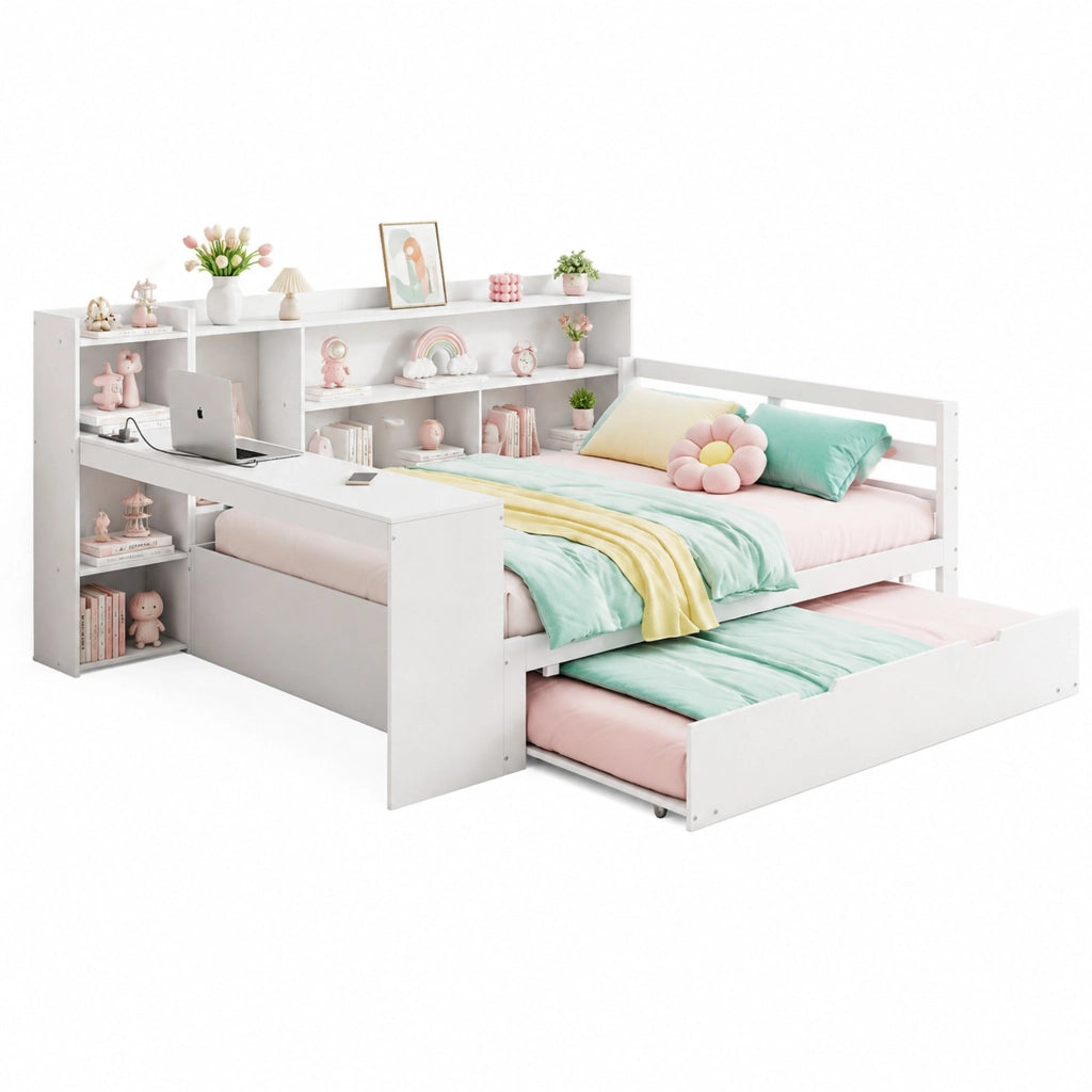 Letto multifunzionale in legno massello 140x200 cm con letto estraibile, scrivania e scaffali