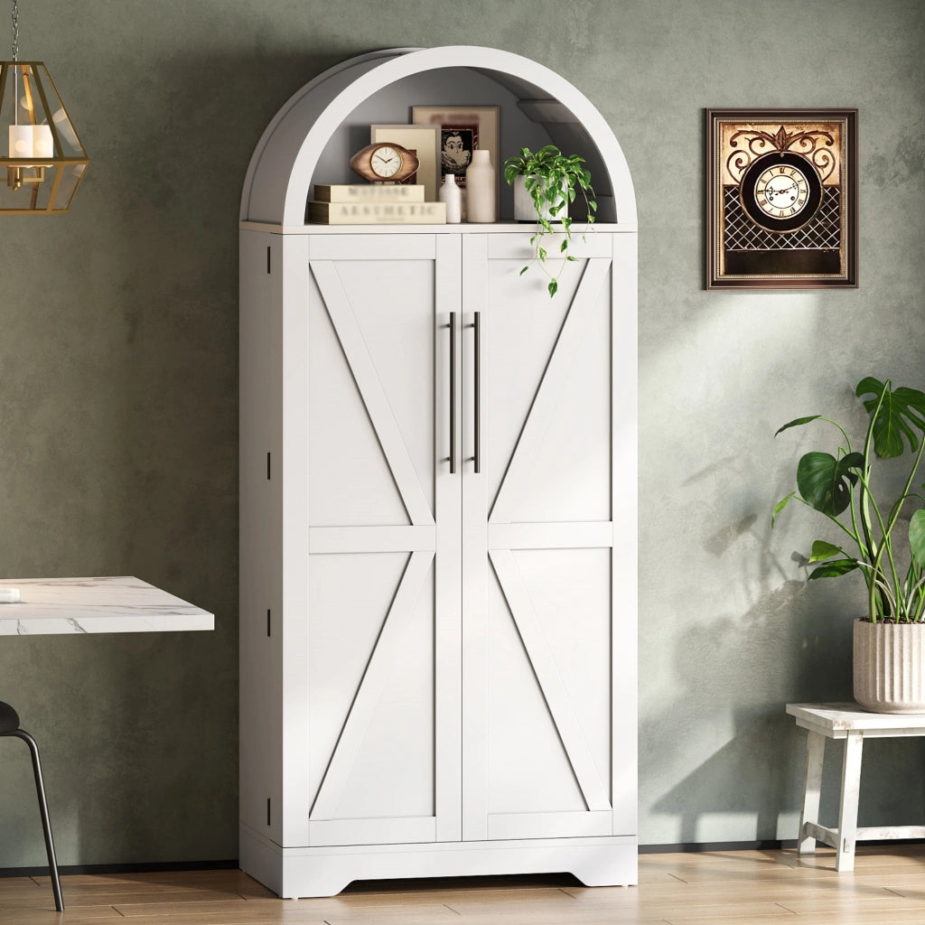 Armadio ad arco moderno 70x40x165 cm bianco in MDF, con vani aperti, ripiani interni e ante con dettaglio X