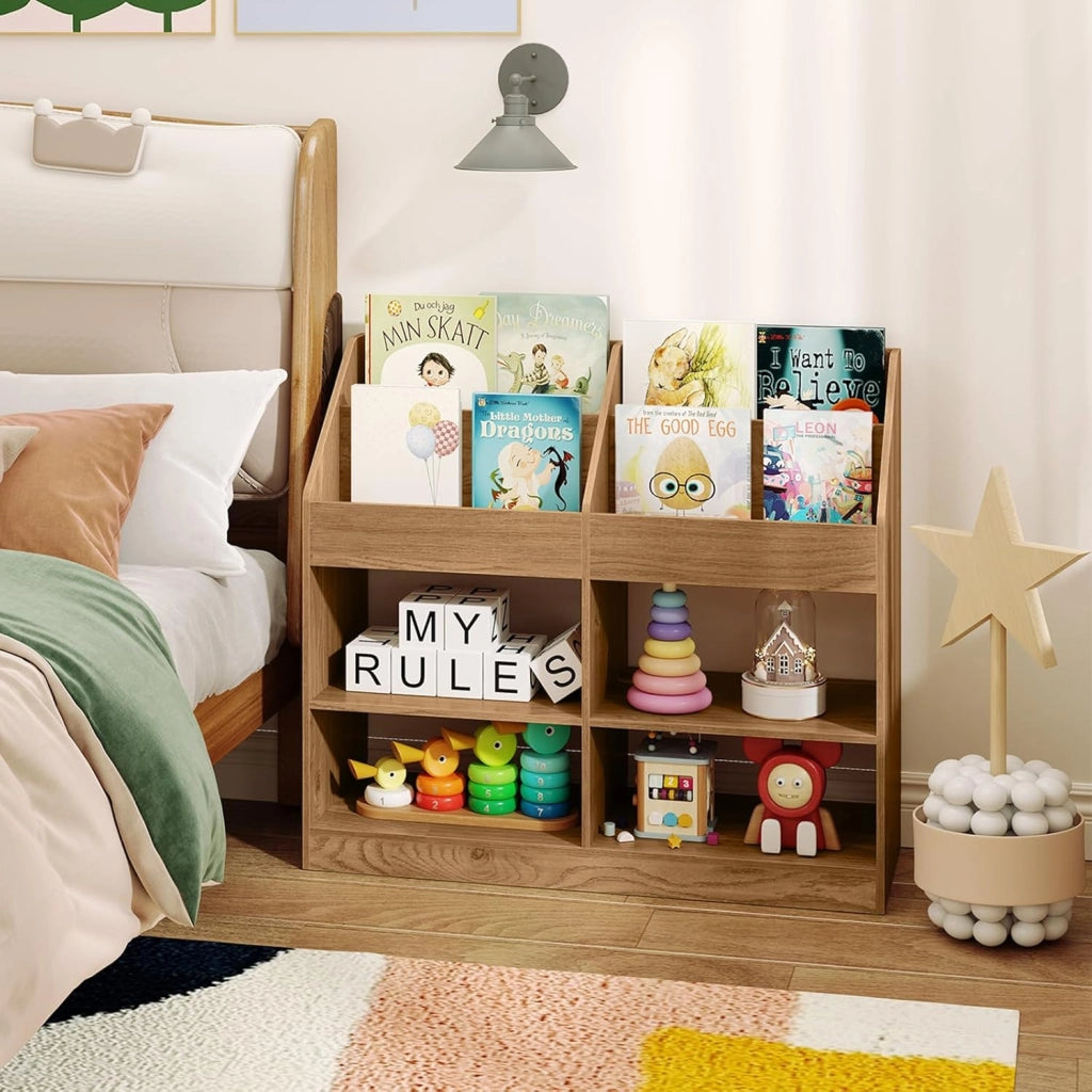 Libreria Montessoriana Porta Libri per Bambini, Scaffale Multifunzione con 4 Cubi e 4 Scomparti, Anti-ribaltamento, Salvaspazio per Cameretta e Stanza dei Giochi, 90x34x80 cm (Naturale)