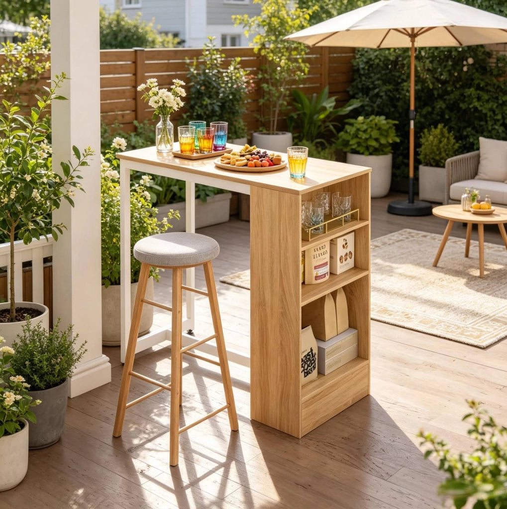 Tavolo bar con ripiani a 3 livelli, bianco e rovere chiaro, 91 x 49 x 91 cm