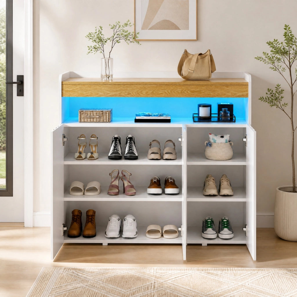 Sideboard moderno con 3 porte, LED integrato e ripiani regolabili, bianco e naturale, 105 x 33,5 x 76 cm