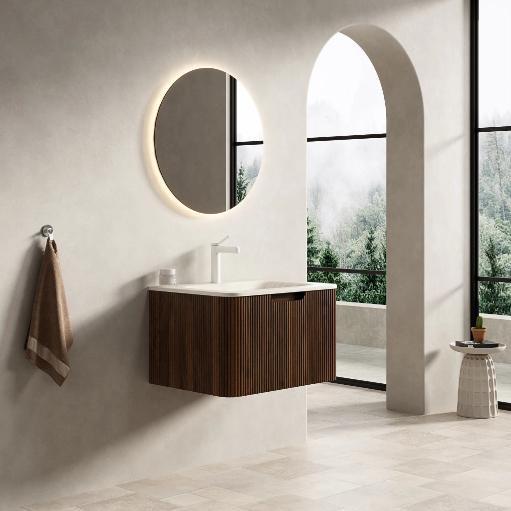 MOBILE BAGNO con lavabo integrato in pietra sinterizzata Beige e Noce