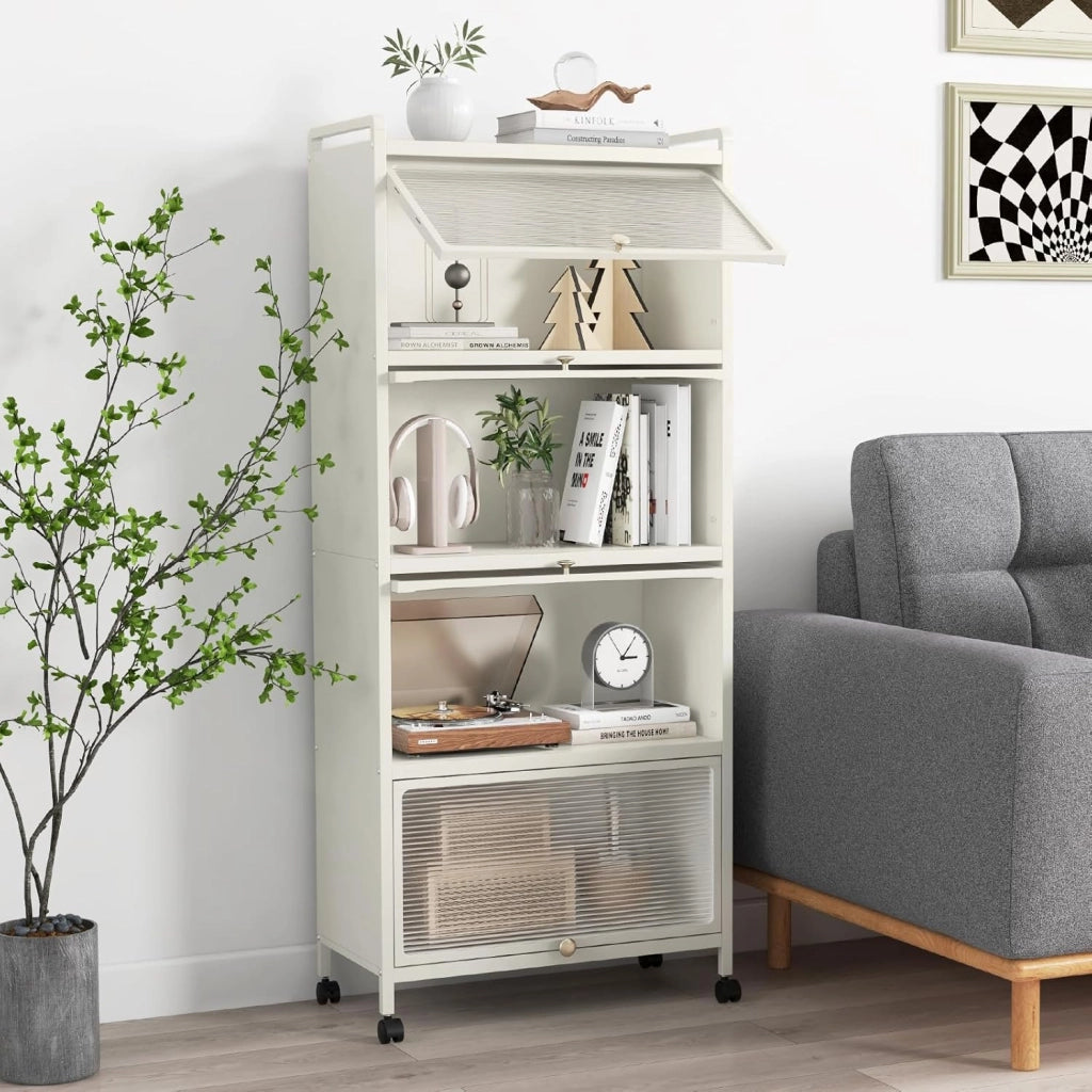 Armadio da Cucina a 5 Piani, Mobile Cucina Dispensa con Porte PC a Scomparsa, con 4 Ruote Girevoli, per Sala da Pranzo Soggiorno e Studio, 60x32x154 cm (Bianco)