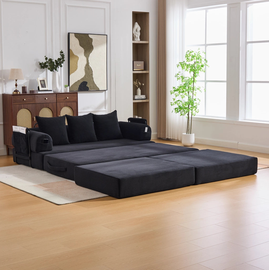 Sofa modulare in tessuto corduroy nero con struttura in metallo; 200 x 190 x 67 cm