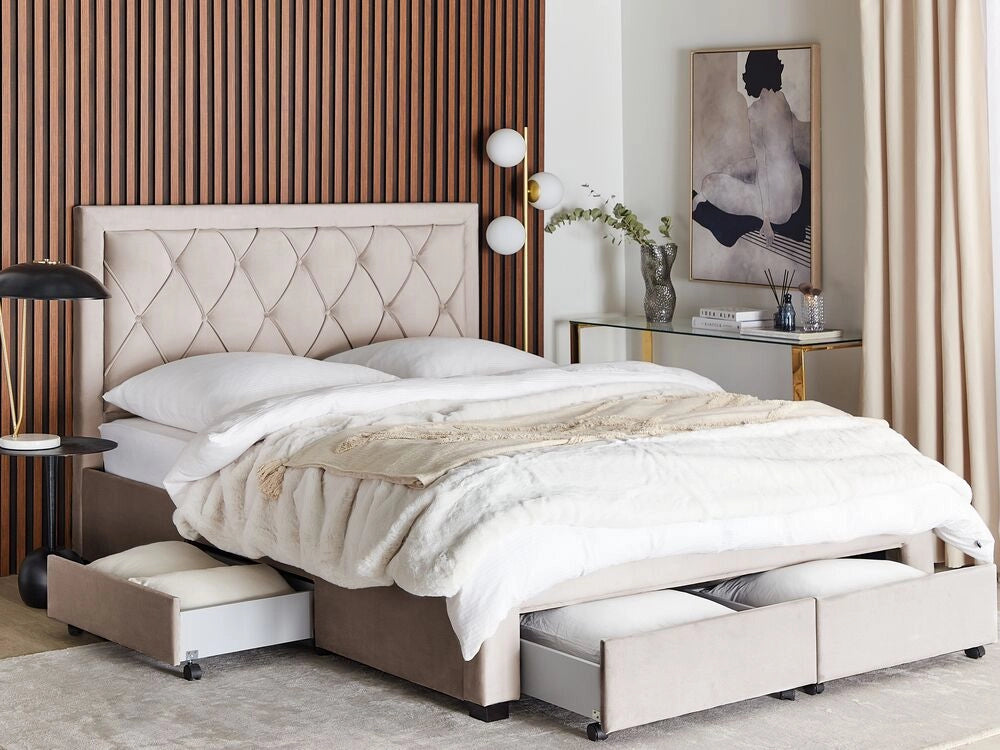 Letto contenitore tappezzeria in velluto beige 160 x 200 cm trapuntato testiera alta cassetti Glam Design
