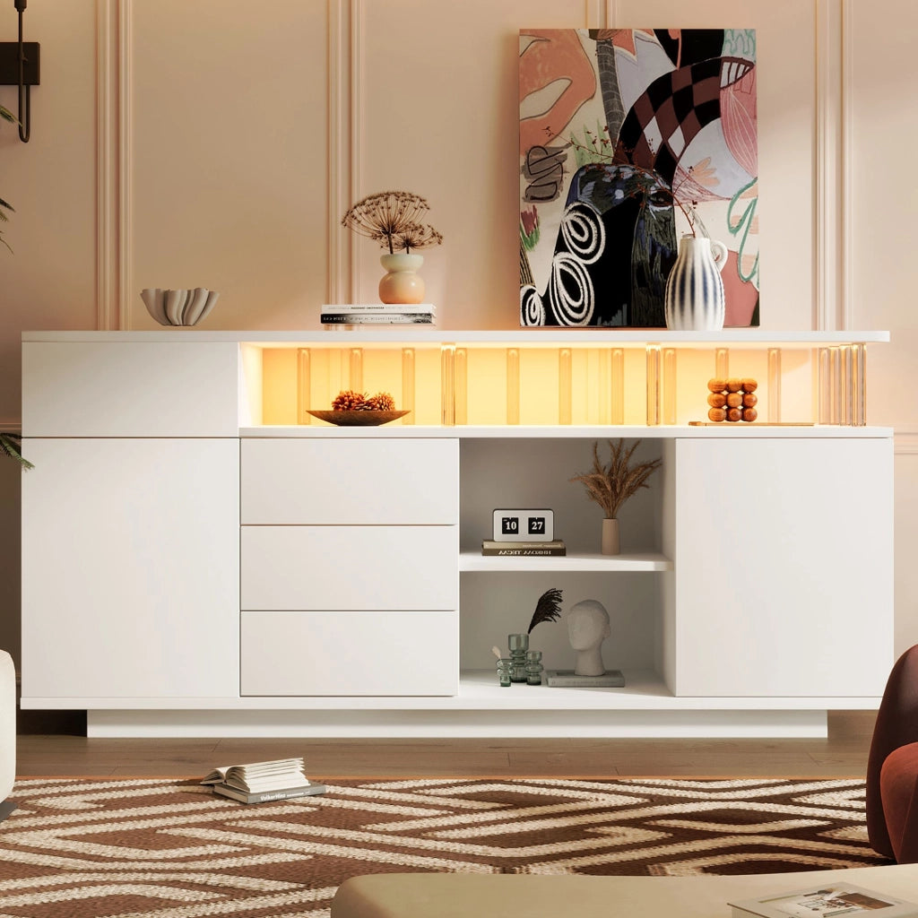 Credenza, mobile da ingresso, illuminazione a LED, 4 cassetti, ripiani regolabili, 160 x 40 x 75 cm, bianco