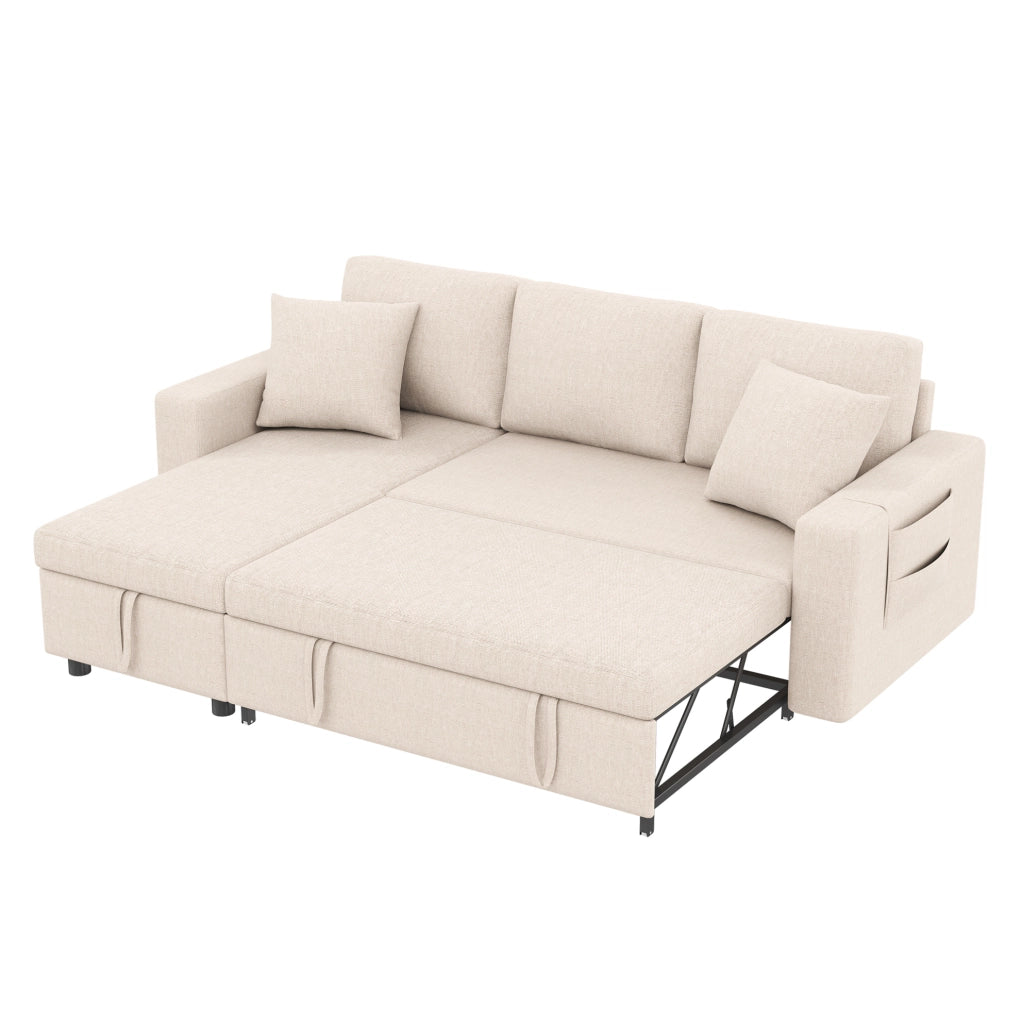 Divano letto angolare con chaise longue reversibile; contenitore e 2 cuscini; beige; 219;5 x 142;5 x 83 cm