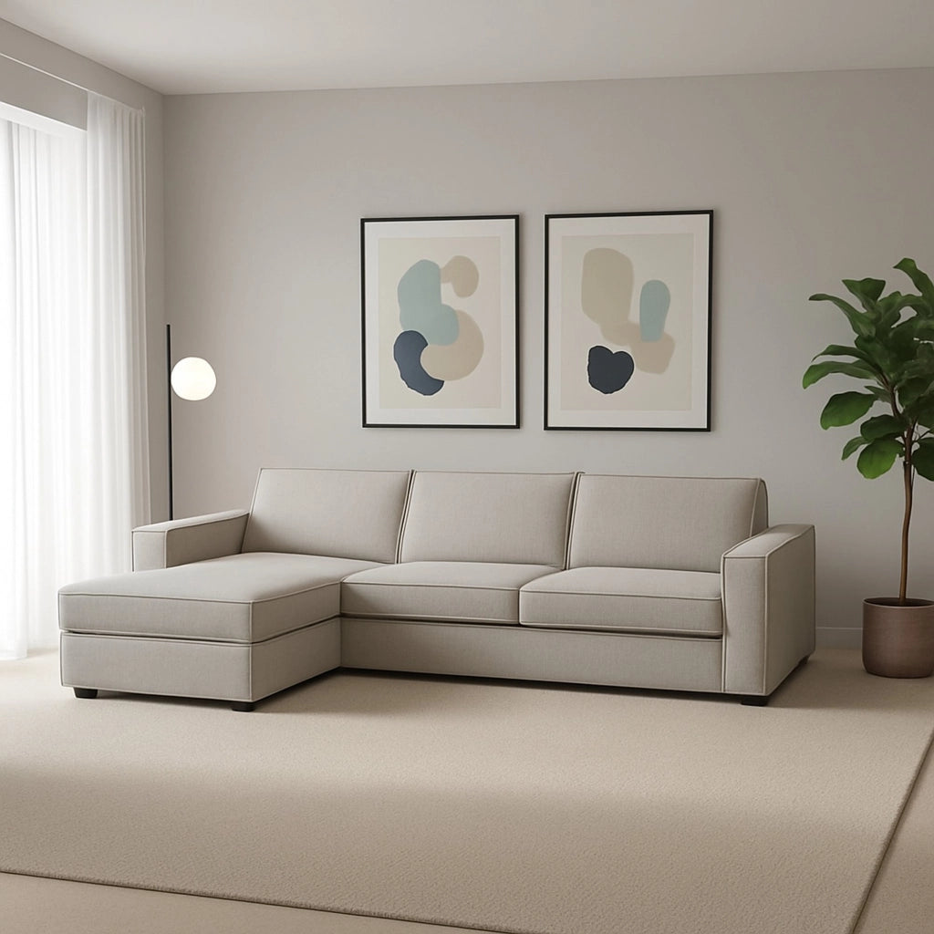 Divano fisso Anila, Divano ad angolo, Made in Italy, SofÒ  Soggiorno con, penisola contenitore Sinistra, con Braccioli standard, cm 280x95h90, Tortora