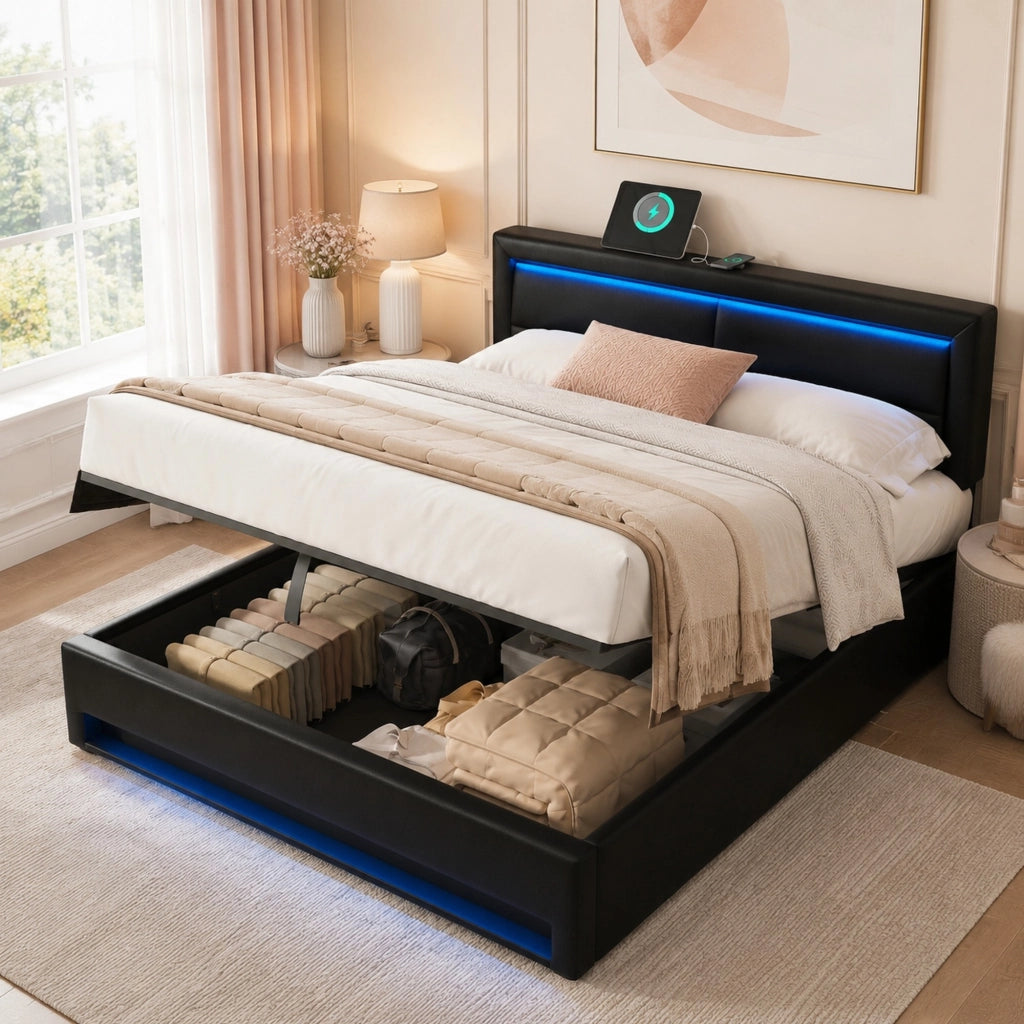 Letto imbottito 140x190 cm con USB; LED e vano contenitore; PU nero