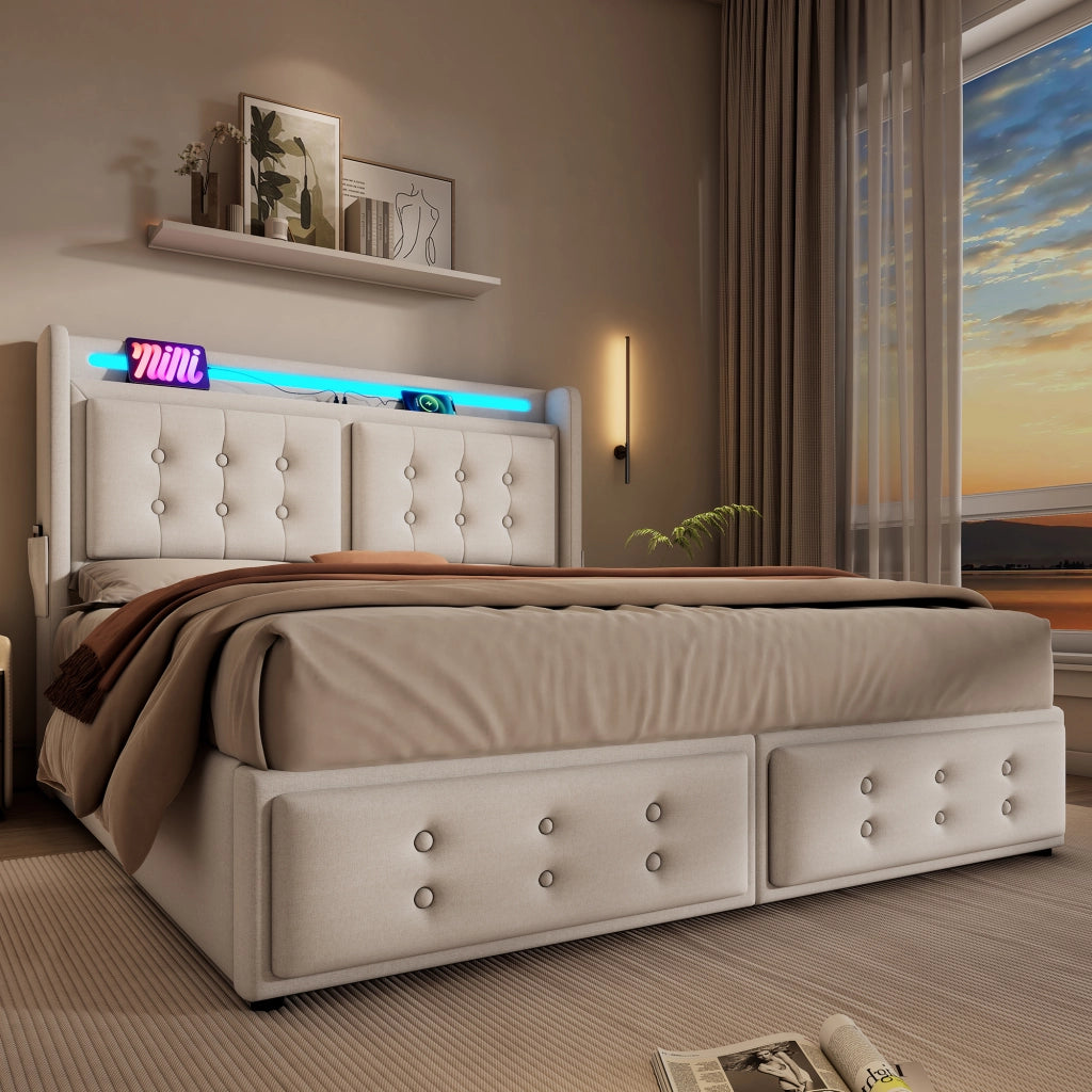 LETTO 140x200 cm con testiera LED e prese USB, cotone-lino beige