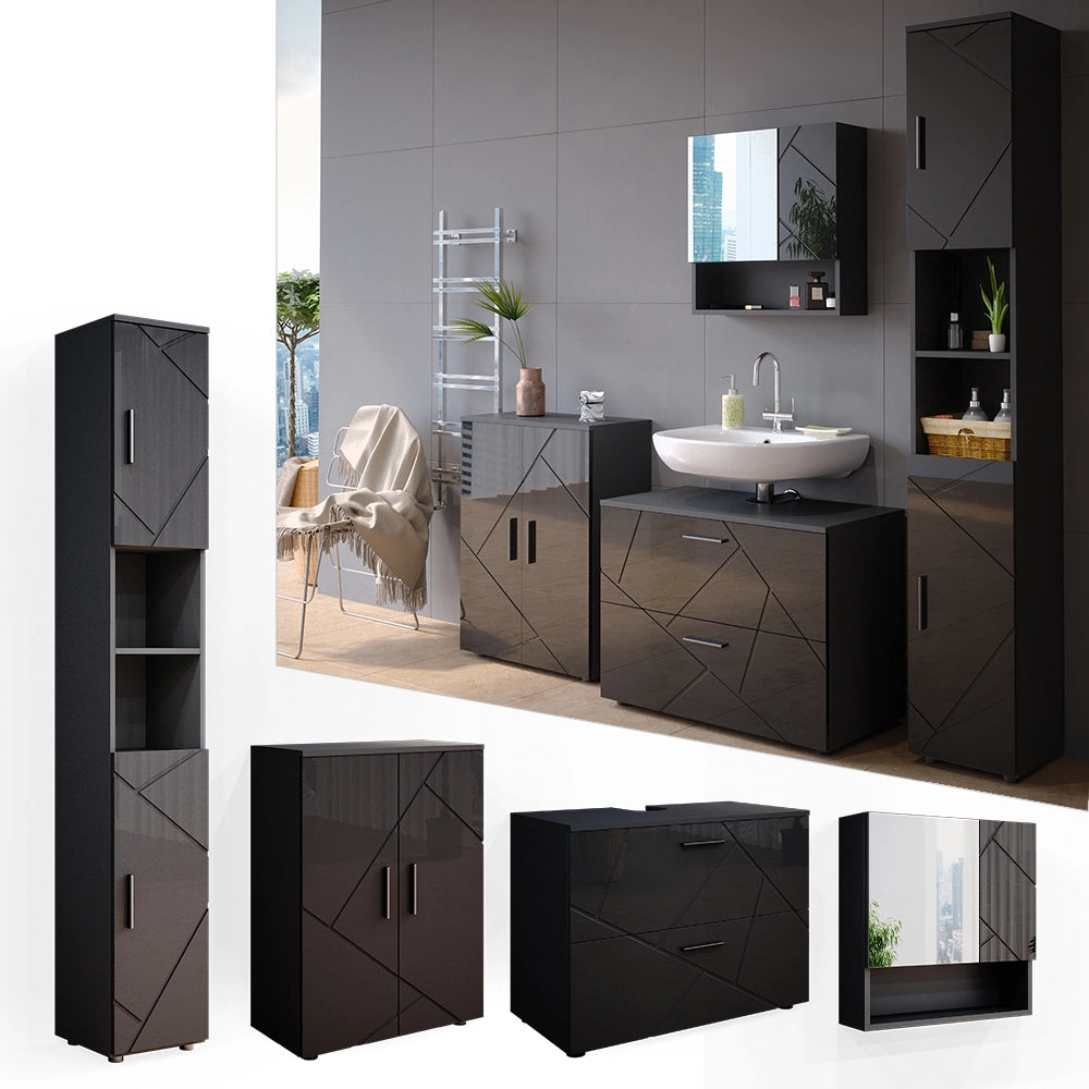 Vicco Set mobili bagno Antracite lucido 4 pezzi, con cassettiera e mobile midi