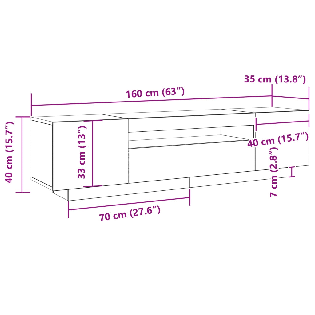 Mobile TV  con luci LED Nero Rovere 160x35x40 cm in legno ingegnerizzato