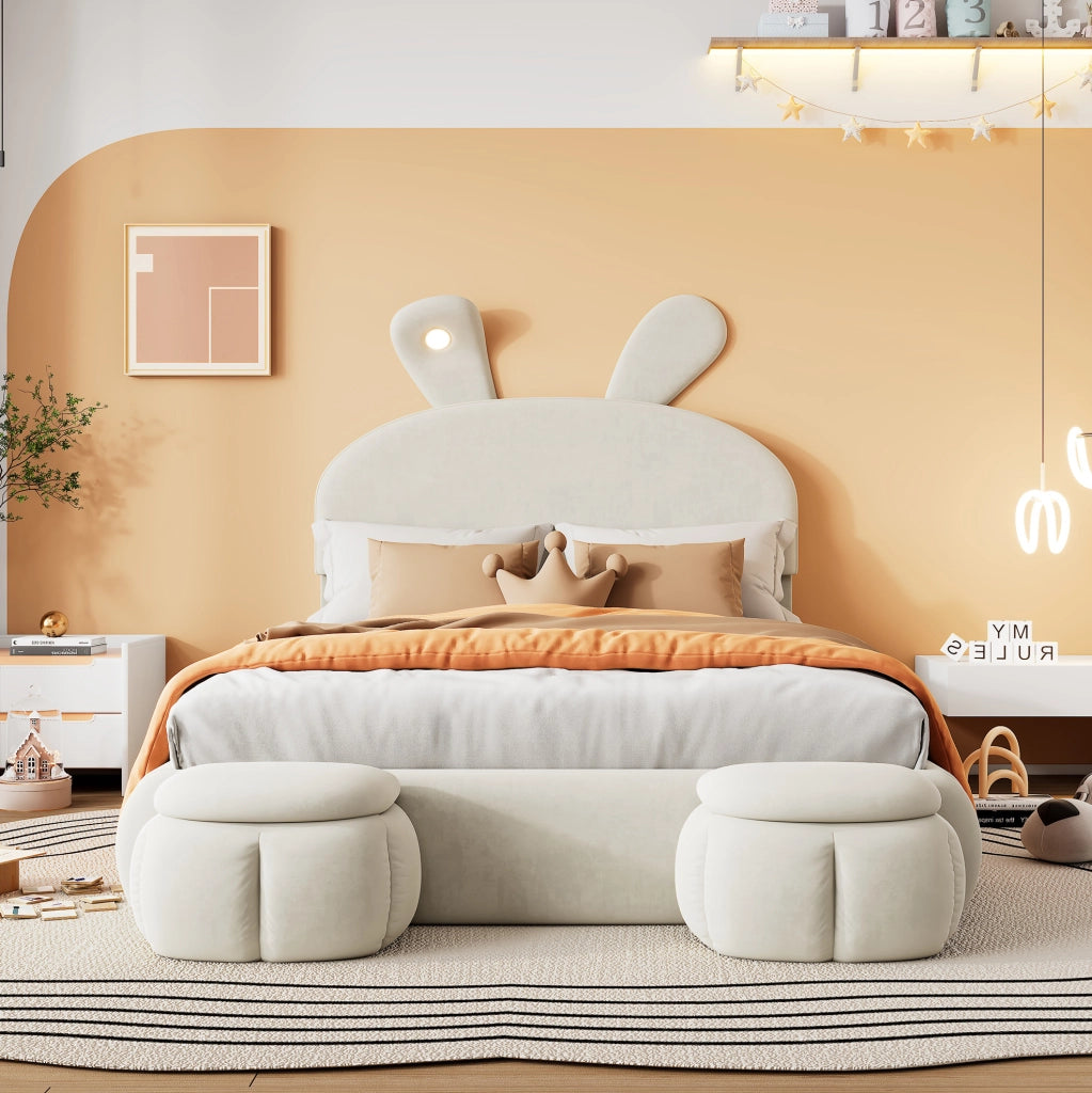 Letto imbottito 140x200 cm con contenitore e LED in velluto beige