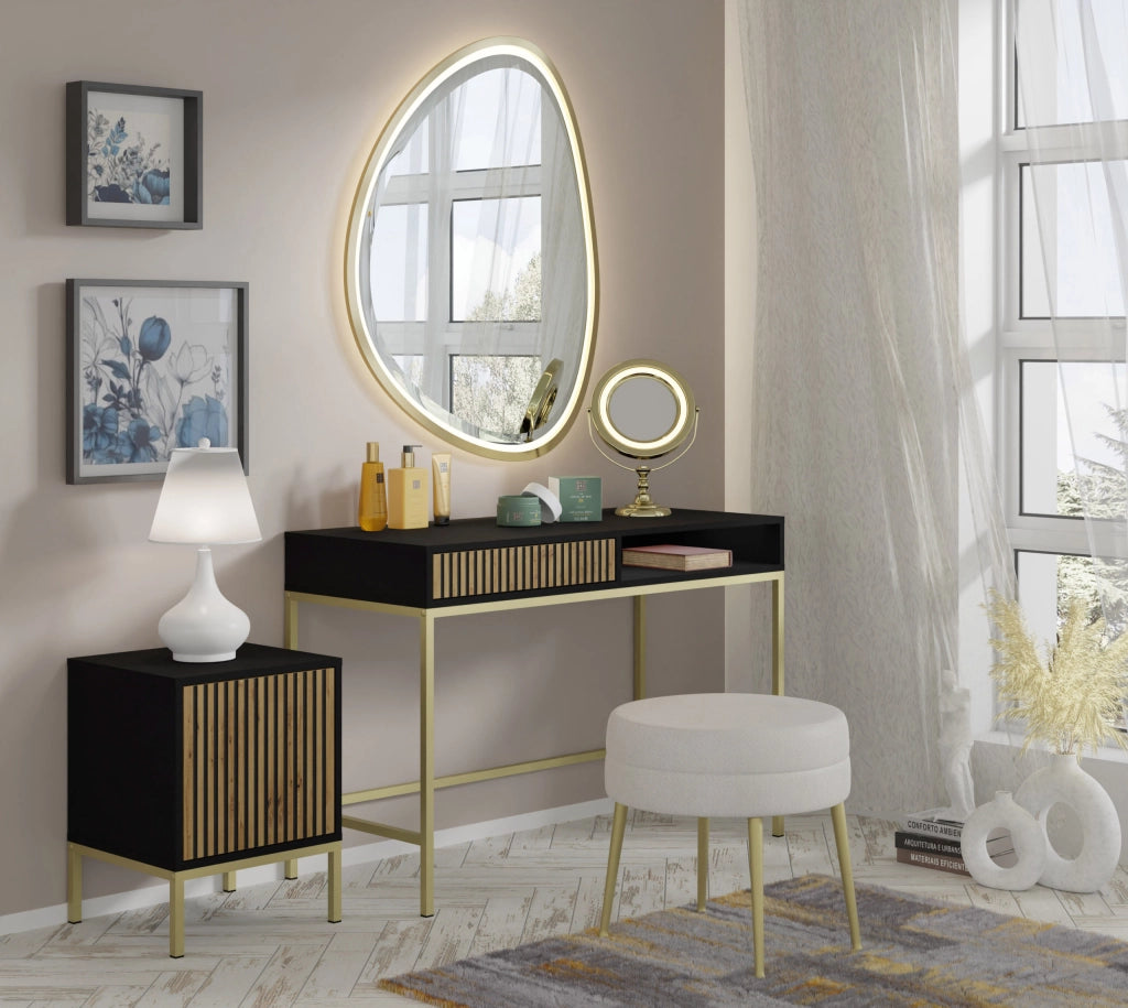 SCRIVANIA DA TOELETTATURA IN MDF VERNICIATO RAVENNA F 1P NERO OPACO ROVERE ARTIGIANALE STRUTTURA ORO