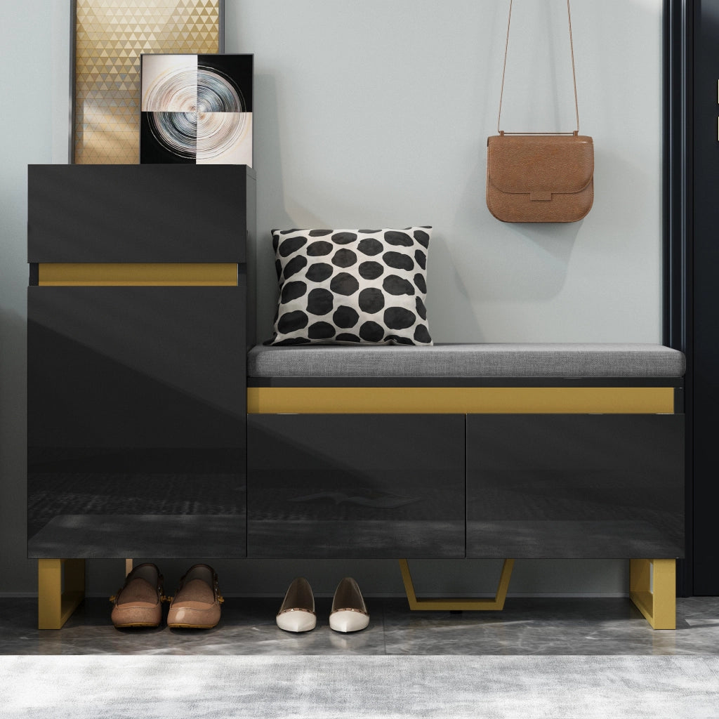 Mobile Porta Scarpe con 2 Ante e 1 Cassetto; Panca Porta Scarpe con Cuscino; Finitura Lucida; in MDF; Nero; 120×35×85 cm