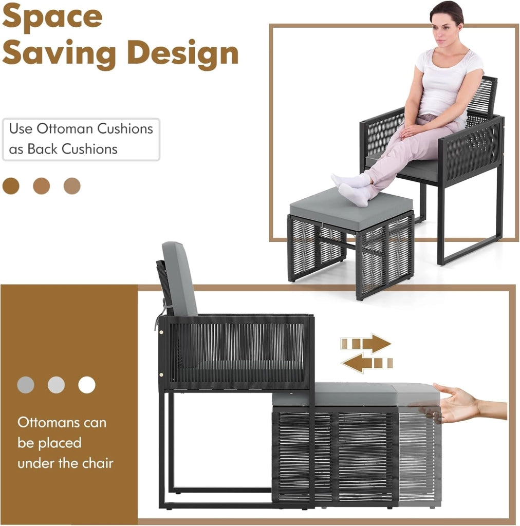 Set di Mobili da Giardino in Rattan per 2-4 Persone, Tavolo da Giardino con Piano in Legno e 2 Sedie (Capacità 180 kg), 2 Sgabelli, 4 Cuscini Rimuovibili, Arredamento da Giardino per Patio