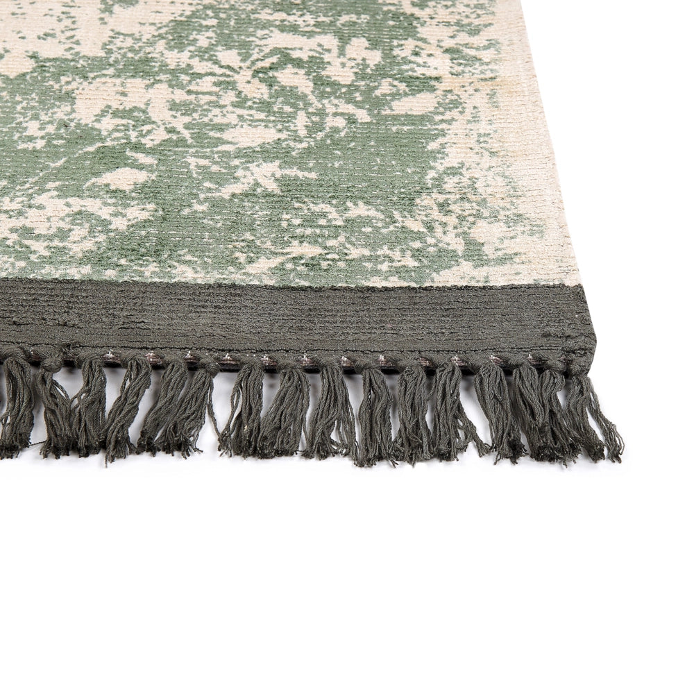 Tappeto vintage in viscosa con frange 80 x 150 cm verde e beige stile classico e retrò camera da letto soggiorno
