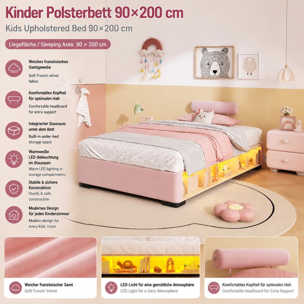 Letto imbottito per bambini rosa 90x200 cm con scaffale LED e spazio contenitore