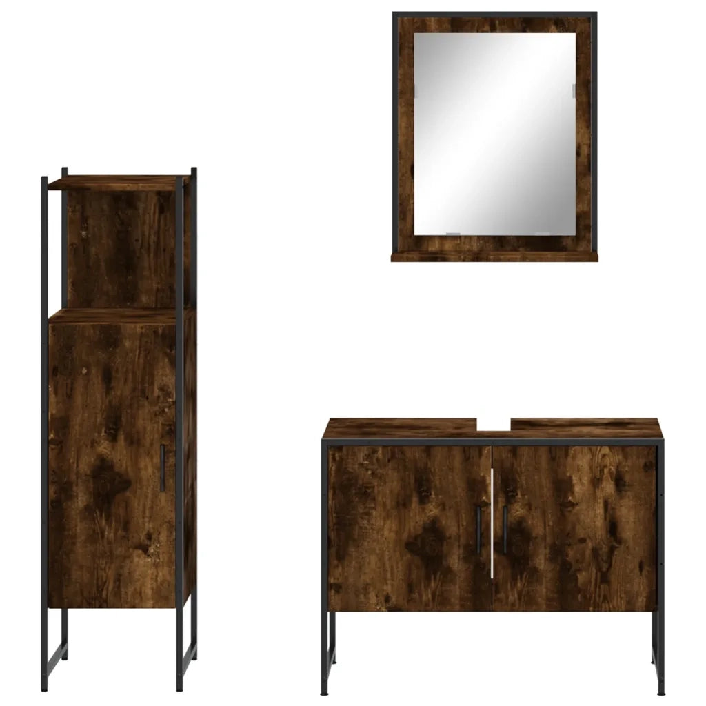 Set Mobili da Bagno | Armadio da bagno 3 pz Rovere Fumo in Legno Multistrato