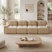 Divano modulare basso in velluto a coste beige; seduta profonda 382x104x69 cm