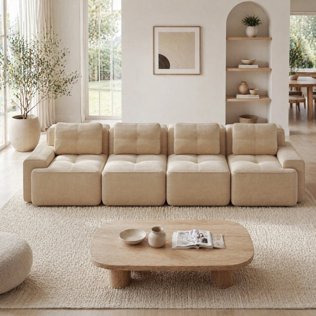 Divano modulare basso in velluto a coste beige; seduta profonda 382x104x69 cm