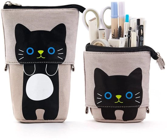 Etui in stile primitivo per smartphone, con chiusura a zip, realizzato in tela per uso scolastico e universitario, con alloggiamento per penne per ragazze, ragazzi, bambini e adulti, colore grigio