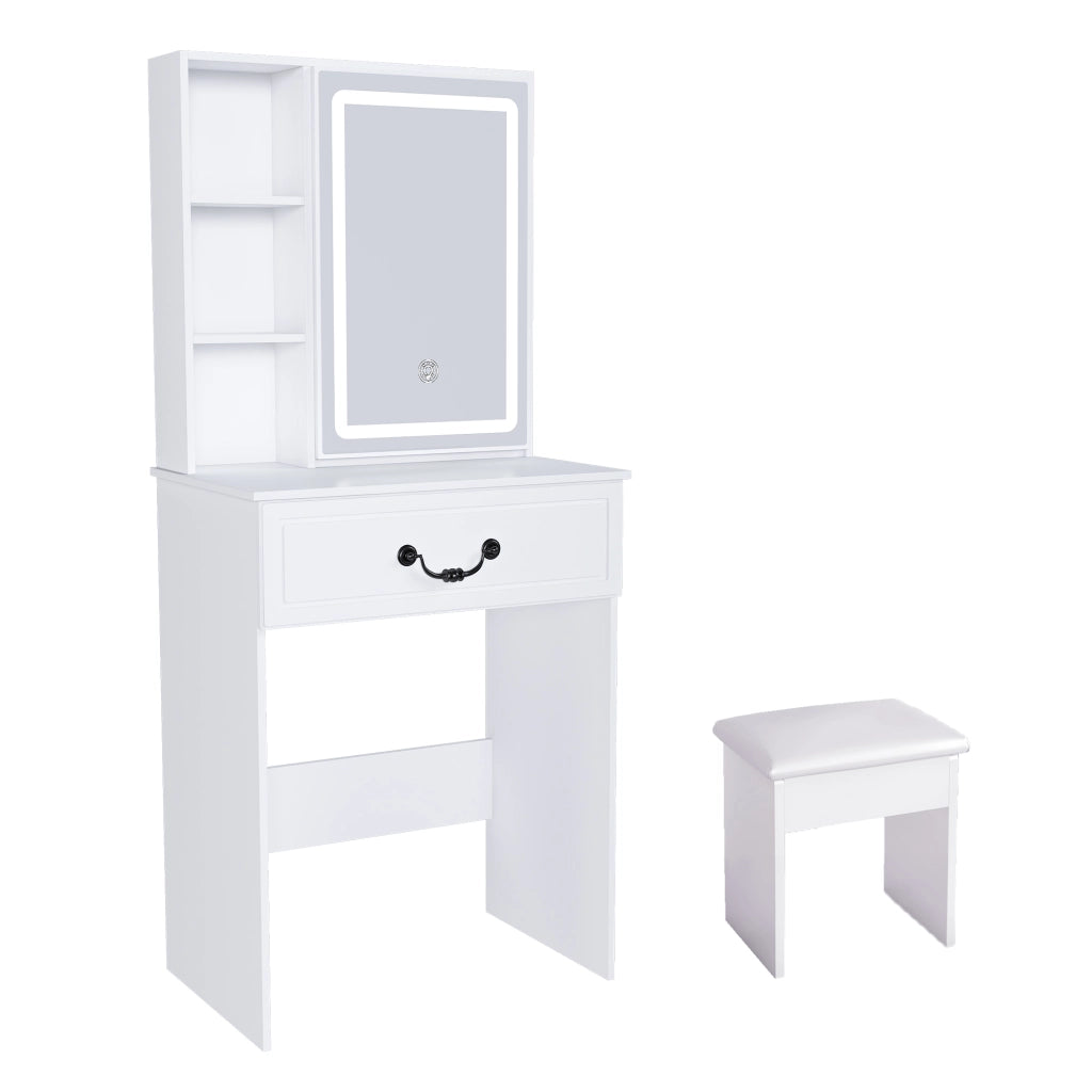Tavolo da toeletta minimalista con specchio LED dimmerabile; spazio nascosto; sgabello imbottito; Bianco; B60×H131;5×P36cm